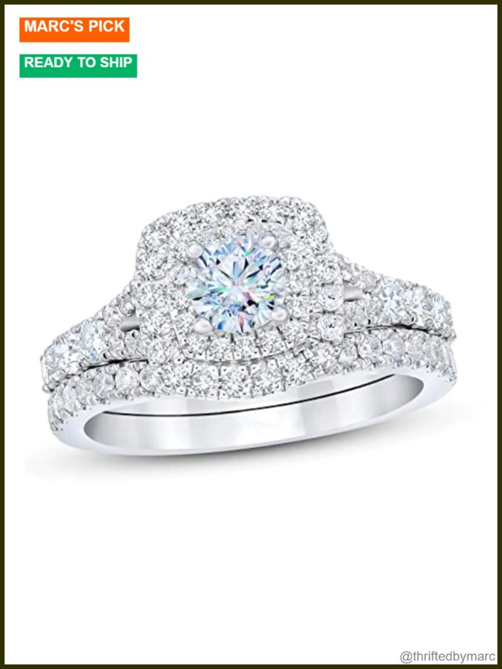 Moissanite Bridal Set Platinum Plated Silver Engagement Ring Round Halo